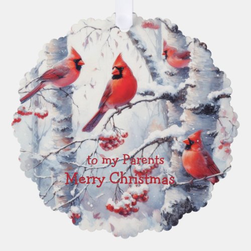 Christmas Winter Snow Trees Cardinal Parents Ornament Card