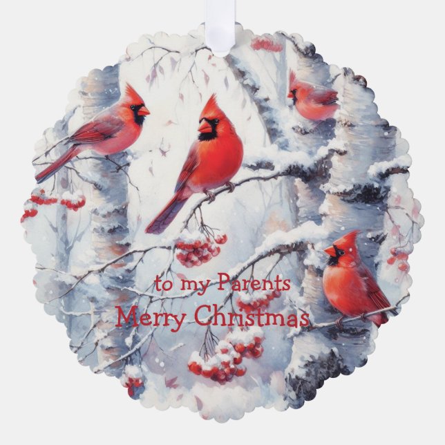Christmas Winter Snow Trees Cardinal Parents Ornament Card (Front)