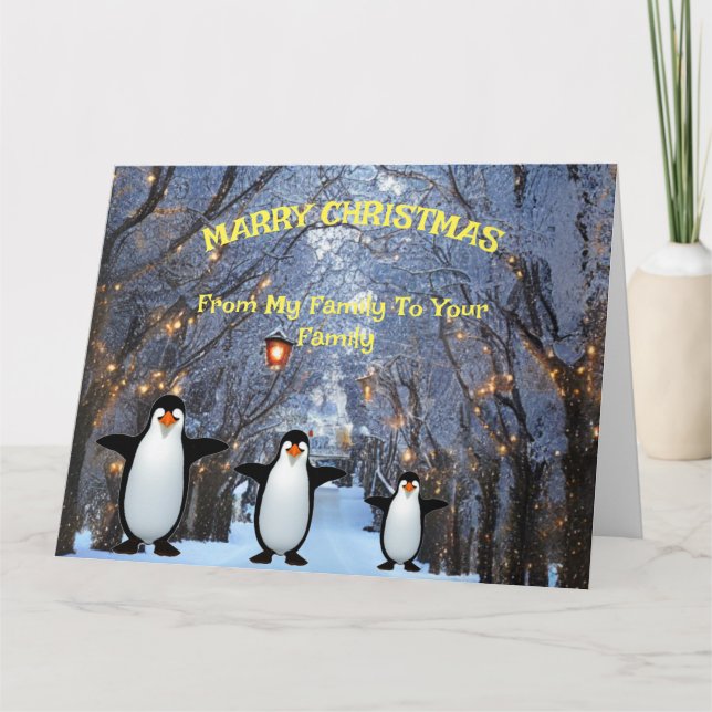 Christmas Winter Snow & Trees & Family of Penguins Card (Front)
