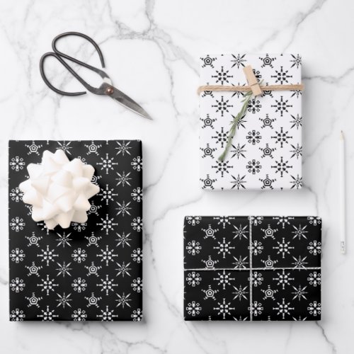 Christmas Winter Snowflake Pattern Black  White Wrapping Paper Sheets