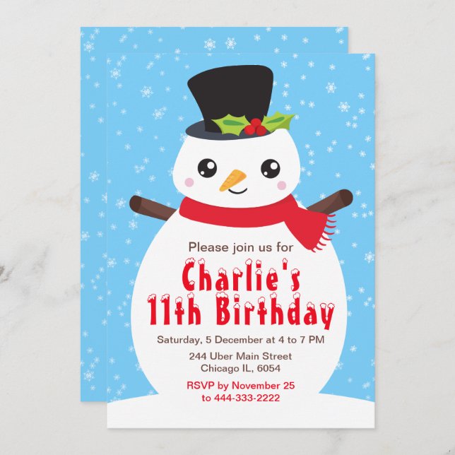 Christmas Winter Snowman Birthday Bright Blue Invi Invitation (Front/Back)