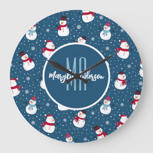 CHRISTMAS WINTER SNOWMAN CUSTOMIZABLE MONOGRAM LARGE CLOCK