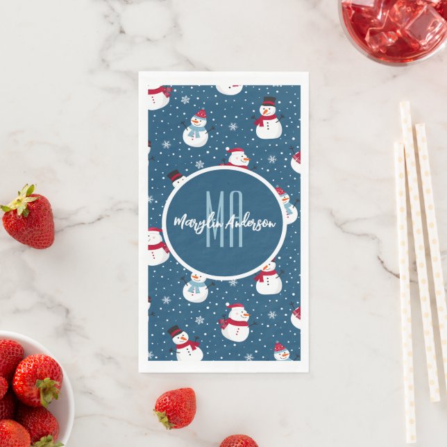 CHRISTMAS WINTER SNOWMAN CUSTOMIZABLE MONOGRAM PAPER GUEST TOWELS (Insitu)