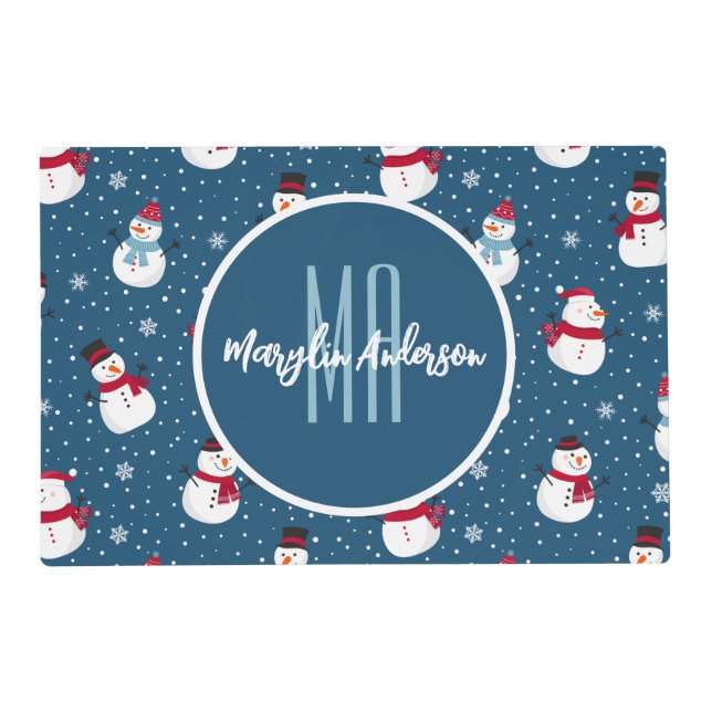 CHRISTMAS WINTER SNOWMAN CUSTOMIZABLE MONOGRAM PLACEMAT (Front)