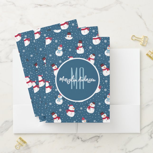 CHRISTMAS WINTER SNOWMAN CUSTOMIZABLE MONOGRAM POCKET FOLDER (In Situ)