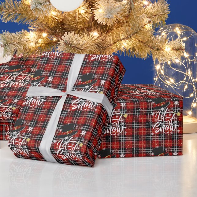 Christmas Winter Snowman LET IT SNOW Red Plaid Wrapping Paper (Holidays)