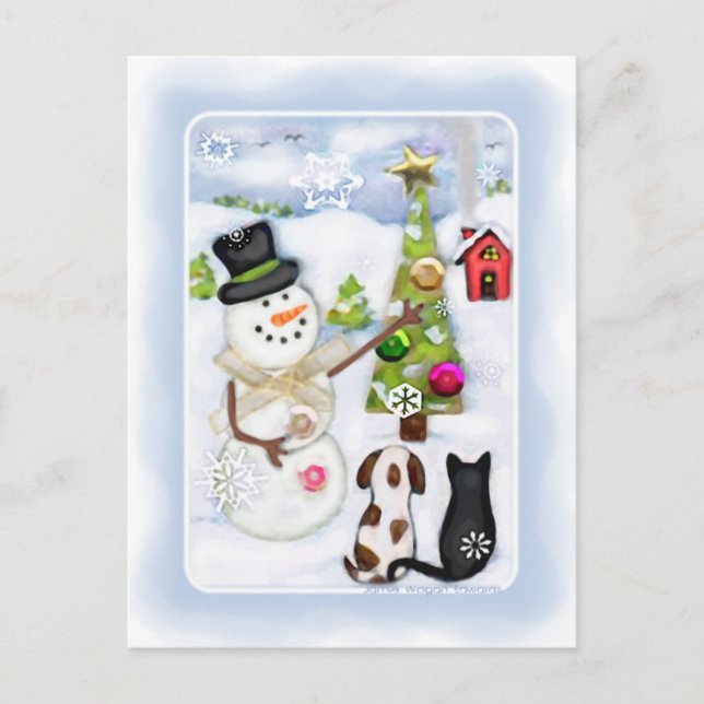 Christmas Winter Snowman & Pets Postcard (Front)