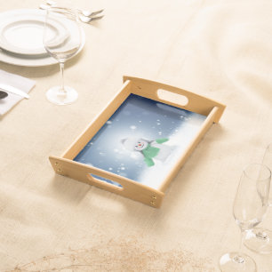 Christmas winter snowman SlipperyJoe green scarf m Serving Tray