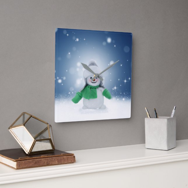 Christmas winter snowman SlipperyJoe green scarf m Square Wall Clock (Office)
