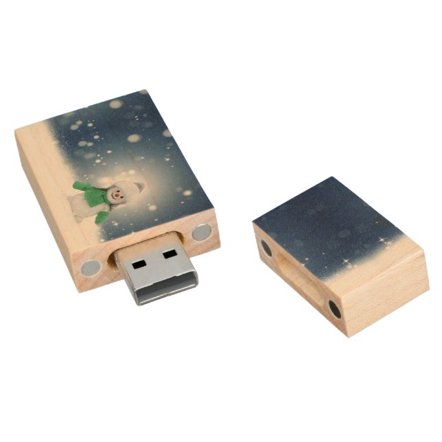 Christmas winter snowman SlipperyJoe green scarf m Wood Flash Drive (Angled)