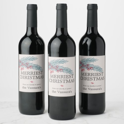 Christmas Winter Sprig Berry Greenery Wine Label