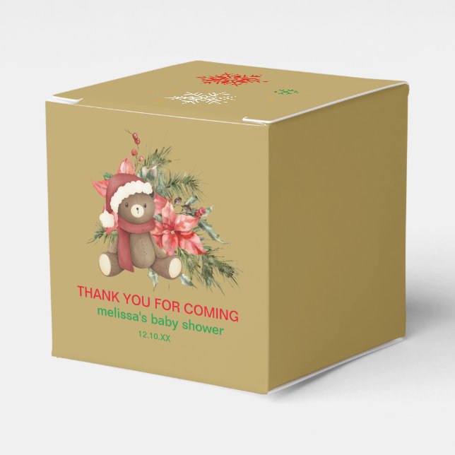 Christmas winter teddy bear poinsettia gold favor boxes (Front Side)
