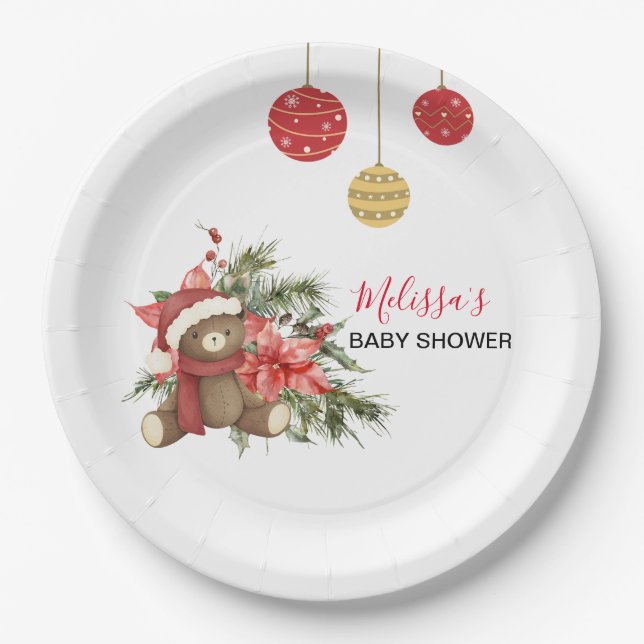 Christmas Winter Teddy Bear Red Scarf Paper Plates (Front)