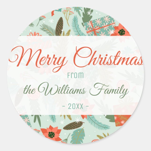 Christmas Winter Theme Sage Green Red Poinsettia Classic Round Sticker (Front)