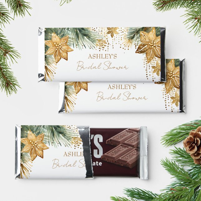 Christmas winter themed bridal shower favors hershey bar favors (Christmas winter themed bridal shower favors hershey bar candy favors boho pines gold poinsettia )