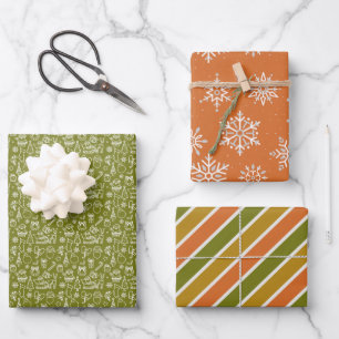 Christmas Winter Themed Olive Orange Gold Holiday Wrapping Paper Sheets