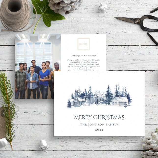 Christmas Winter Village Blue Logo Photo Business Holiday Card (Creator Uploaded)