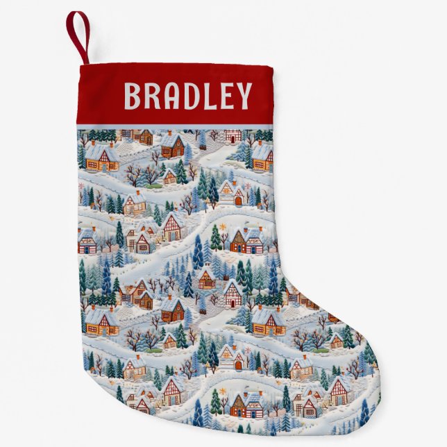 Christmas Winter Village Embroidered Personalized Small Christmas Stocking (Front)