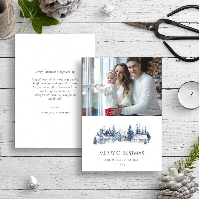 Christmas Winter Village Landscape Blue Photo Holiday Card (Creator Uploaded)