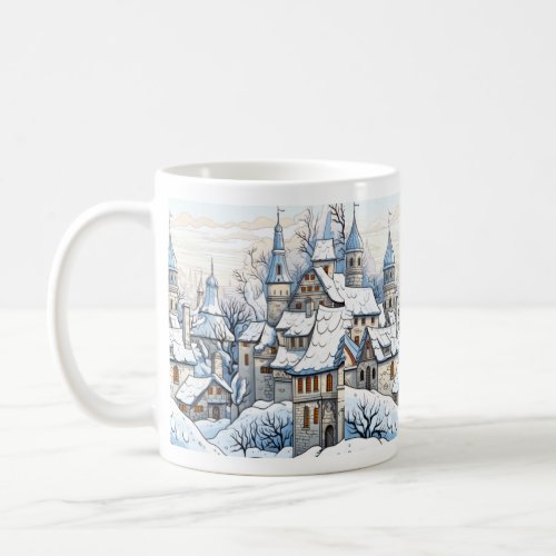 Christmas Winter Village Snowy Roof tops  Blue Mug