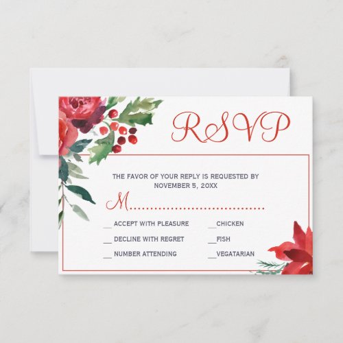 Christmas winter watercolor floral rustic wedding RSVP card