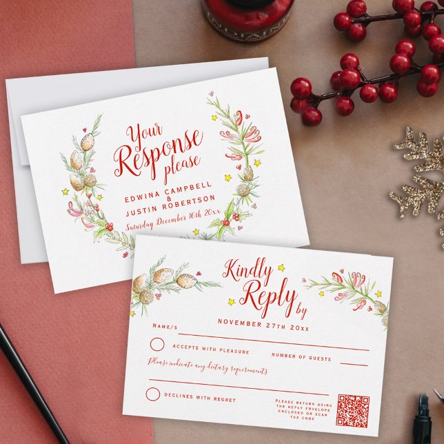 Christmas winter wedding floral wreath art QR RSVP Card (Creator Uploaded)
