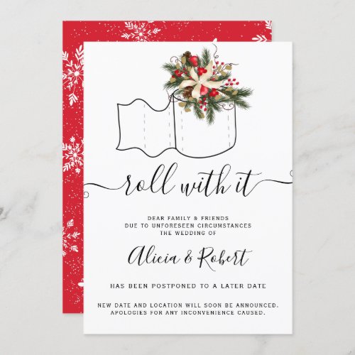 Christmas winter wedding postponed roll with it invitation