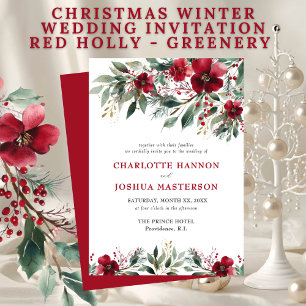 Christmas Winter Wedding Red Holly and Greenery Invitation