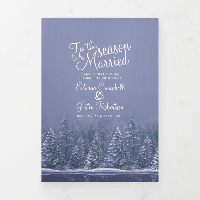 Christmas winter wedding trees lake blue art Tri-Fold program (Cover)