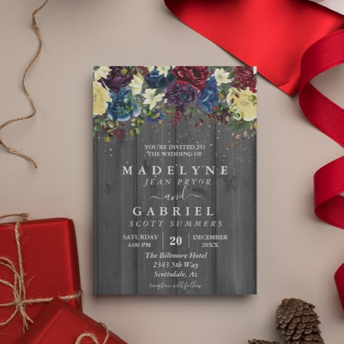 Christmas Winter Wedding Watercolor Floral  Rustic Invitation