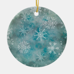 Christmas Winter White Snowflakes On Blue Ceramic Ornament