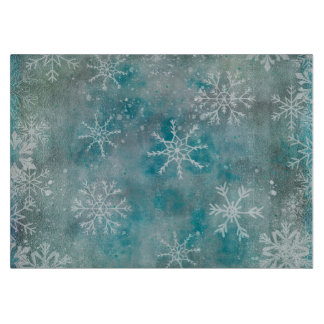 Christmas Winter White Snowflakes On Blue Cutting Board