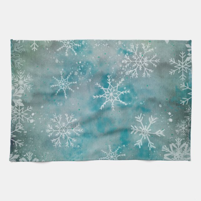 Christmas Winter White Snowflakes On Blue  Kitchen Towel (Horizontal)