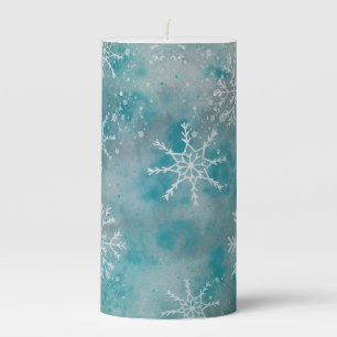 Christmas Winter White Snowflakes On Blue Pillar Candle