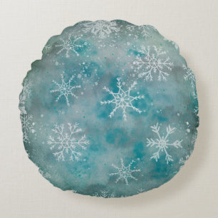 Christmas Winter White Snowflakes On Blue Round Pillow