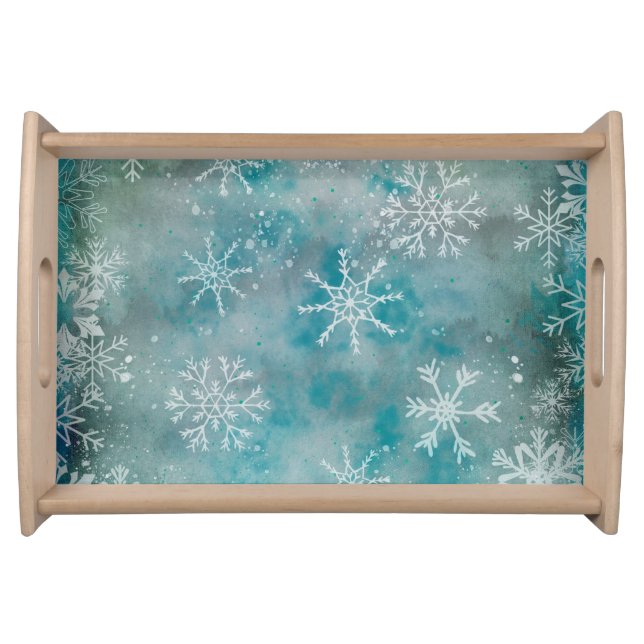 Christmas Winter White Snowflakes On Blue  Serving Tray (Front)