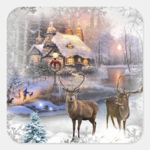 Christmas Winter Wilderness Cottage Square Sticker