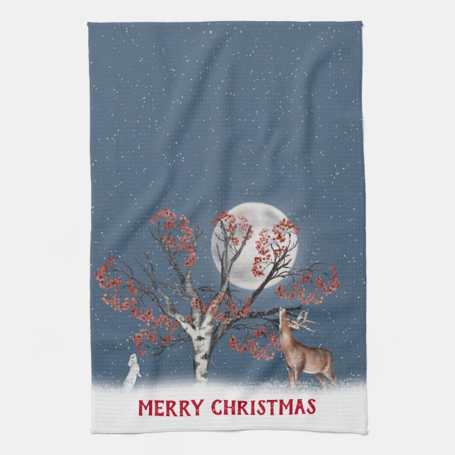 Christmas Winter Wildlife And Moon Kitchen Towel (Vertical)