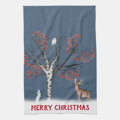 Christmas Winter Wildlife In Snowflake Kitchen Towel