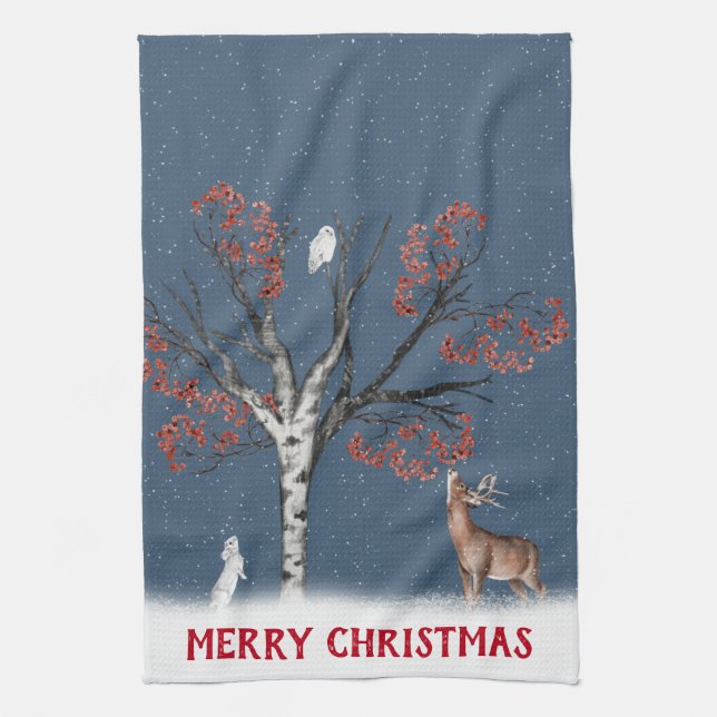 Christmas Winter Wildlife In Snowflake Kitchen Towel (Vertical)