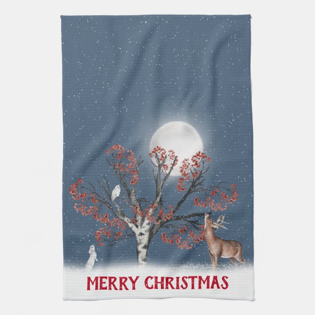 Christmas Winter Wildlife with Moon Kitchen Towel (Vertical)