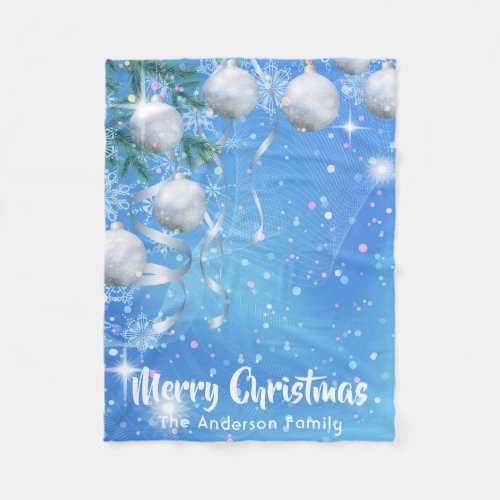 Christmas winter with silver ornaments and stars fleece blanket