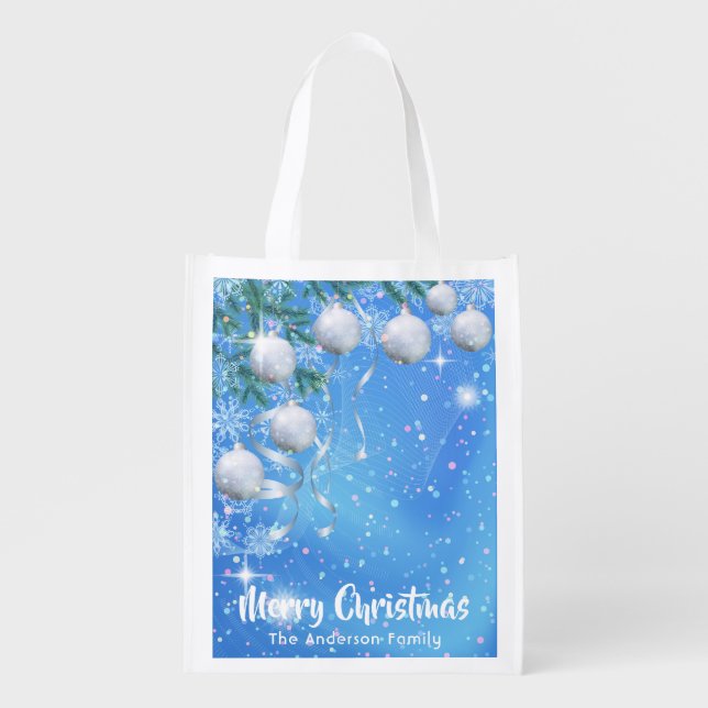 Christmas winter with silver ornaments and stars grocery bag (Front)