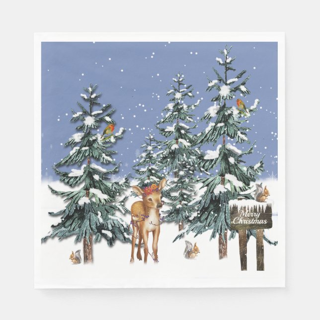 Christmas Winter Wonderland Deer Pine Trees Napkins (Front)