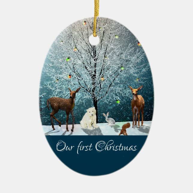 Christmas Winter Wonderland Wildlife Ceramic Ornament (Front)