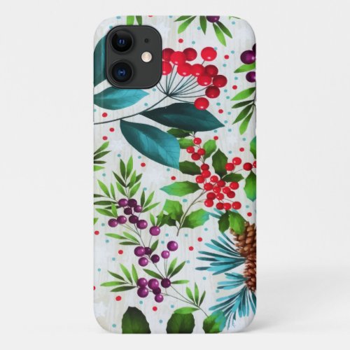 Christmas Winter Wood Nature Holly Berry Pinecones iPhone 11 Case