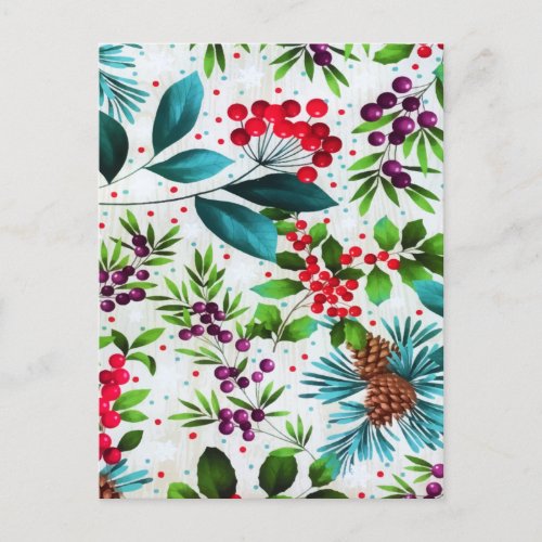 Christmas Winter Wood Nature Holly Berry Pinecones Holiday Postcard
