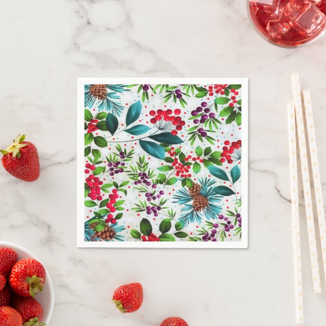 Christmas Winter Wood Nature Holly Berry Pinecones Napkins (Insitu)