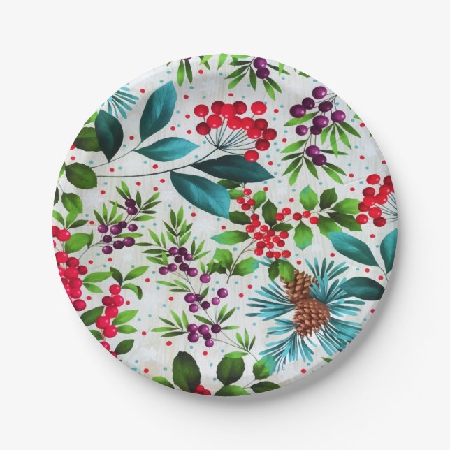 Christmas Winter Wood Nature Holly Berry Pinecones Paper Plates (Front)