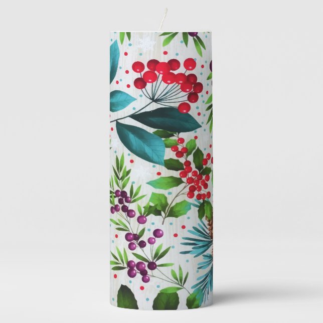 Christmas Winter Wood Nature Holly Berry Pinecones Pillar Candle (Front)